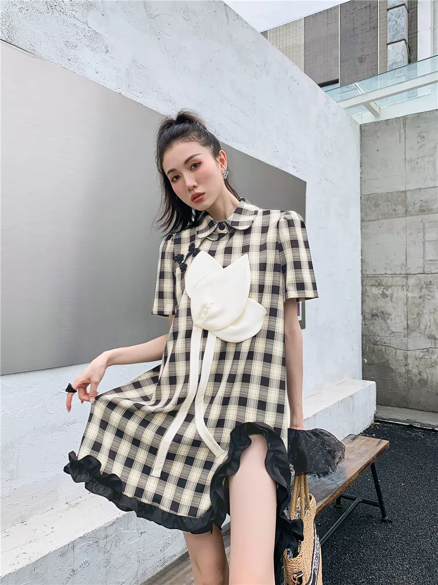 

DALMAZZO Summer Original Designer Three-Dimensional Flower Cheongsam Dress Women Lapel Wood Ear Split Mid-Length Dresses Female