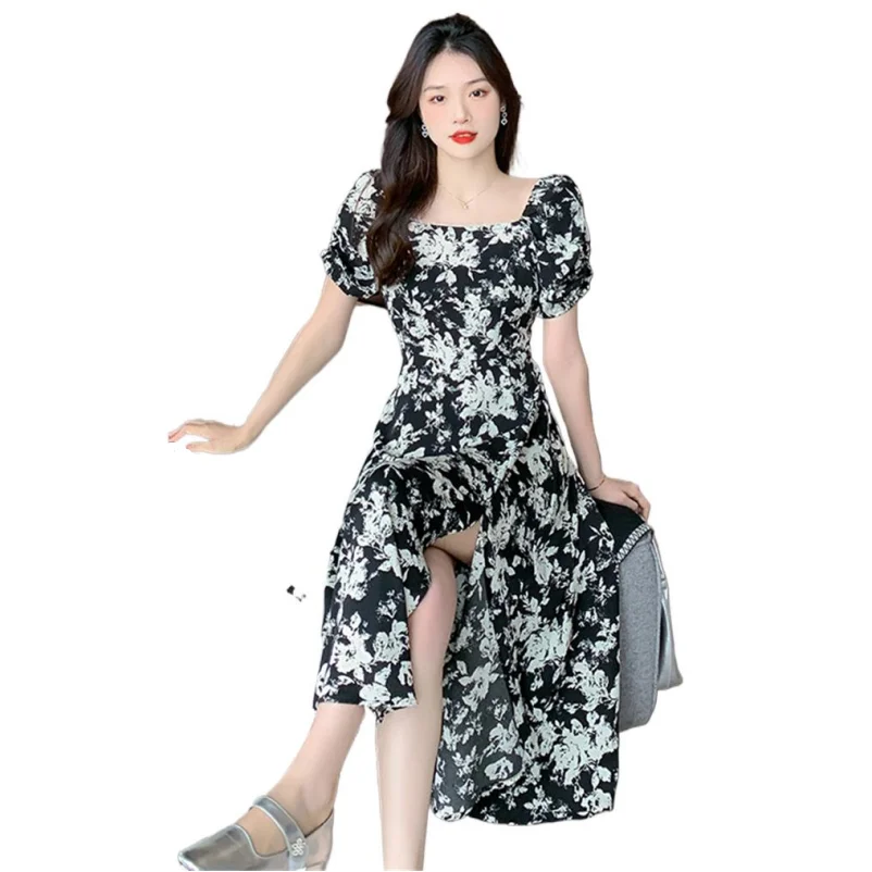 

Women Puff Sleeve Floral Print Chic Long Dress Square Collar High Slit A-Line Loose Dress 2023 Casual Summer Elegant Party Dress