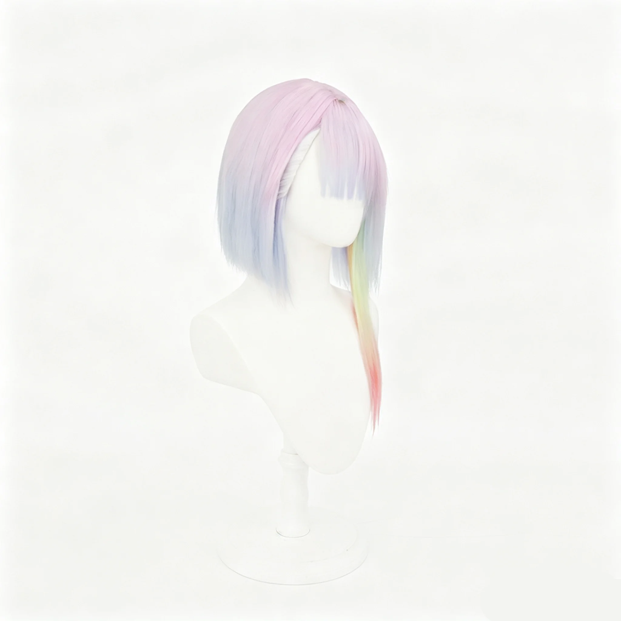 Parrucca Sintetica Corta con Frangia Multicolore Sfumato Stile Punk Anime Lucy Pastel Arcobaleno per Cosplay a Tema Sci-fi - immagine 6