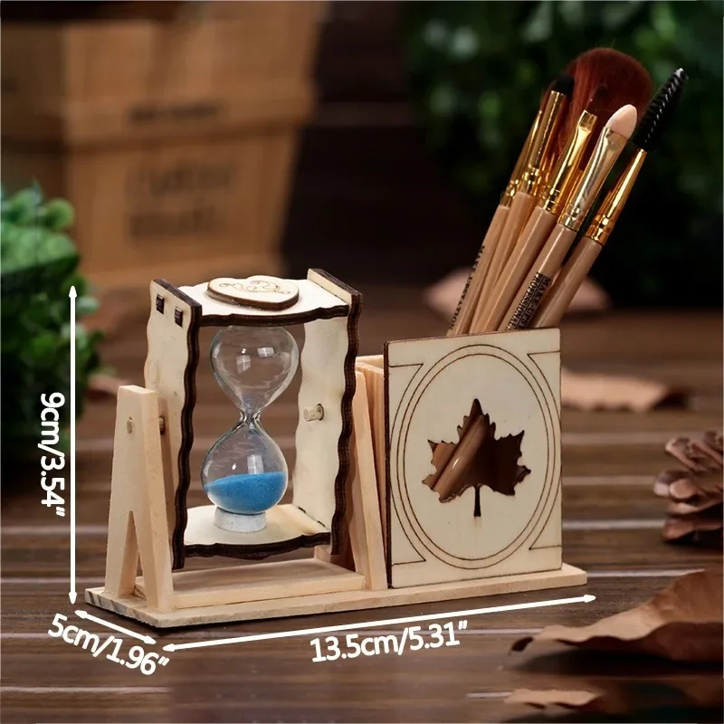 Wooden Hourglass Pen Holder Student Desk Decoration Office Desktop Supplies