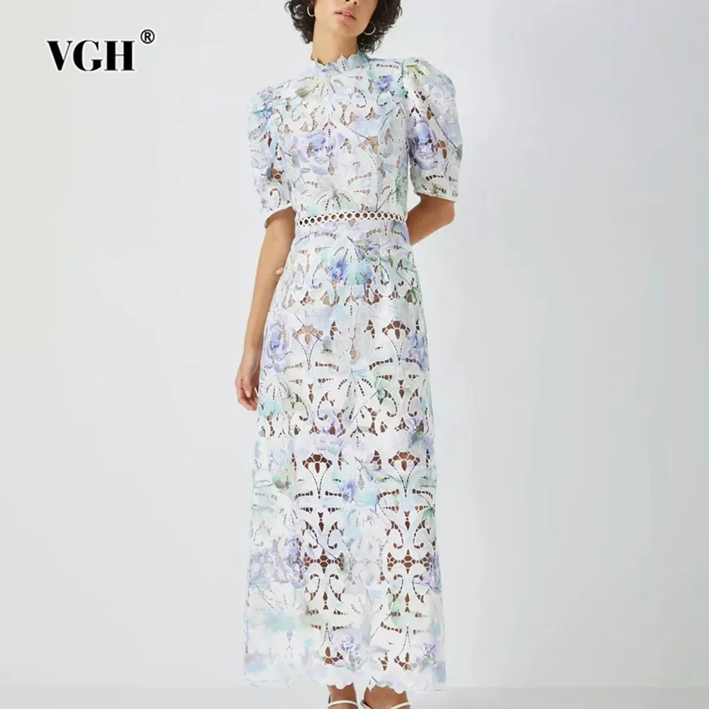 

VGH Hit Color Floral Printing Hollow Out Dress For Women Stand Collar Short Sleeve High Waist Slimming Long Dresses Female New