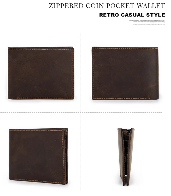 RFID Genuine Cowhide Leather Luxury Purse Casual Small Mini Leather Wallets  Vintage Gents Men's Slim Wallet (Coffee), M (Hl-bp829-m)
