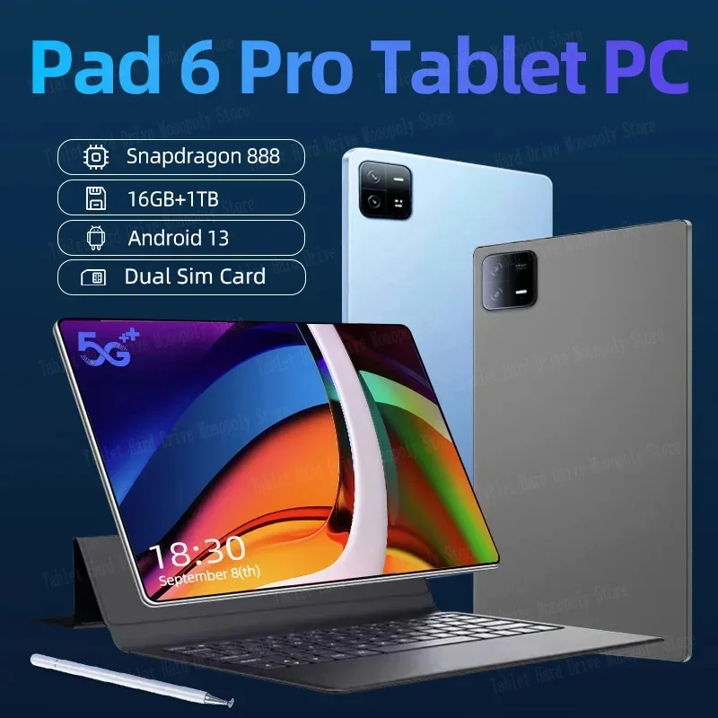 

2024 New Global Version Tablets PC Android 13 Pad 6 Pro Snapdragon 888 RAM 16GB+ROM 1TB 5G Dual SIM Card 10000mAh HD 4K Tab