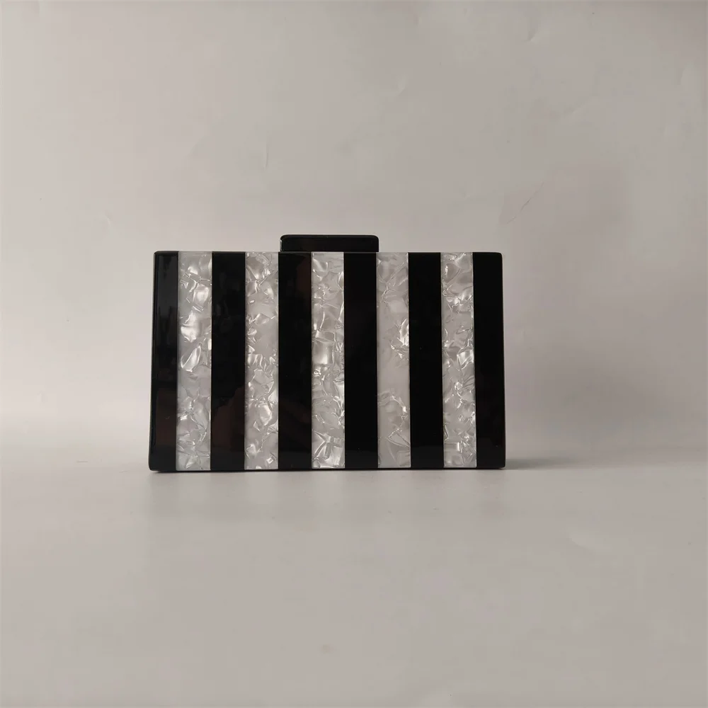 White Marble With Solid Black Striped Acrylic Box Clutches Beaded Handle Pro Cheapest Women Evening Mini Flap Wallet Hand Bags