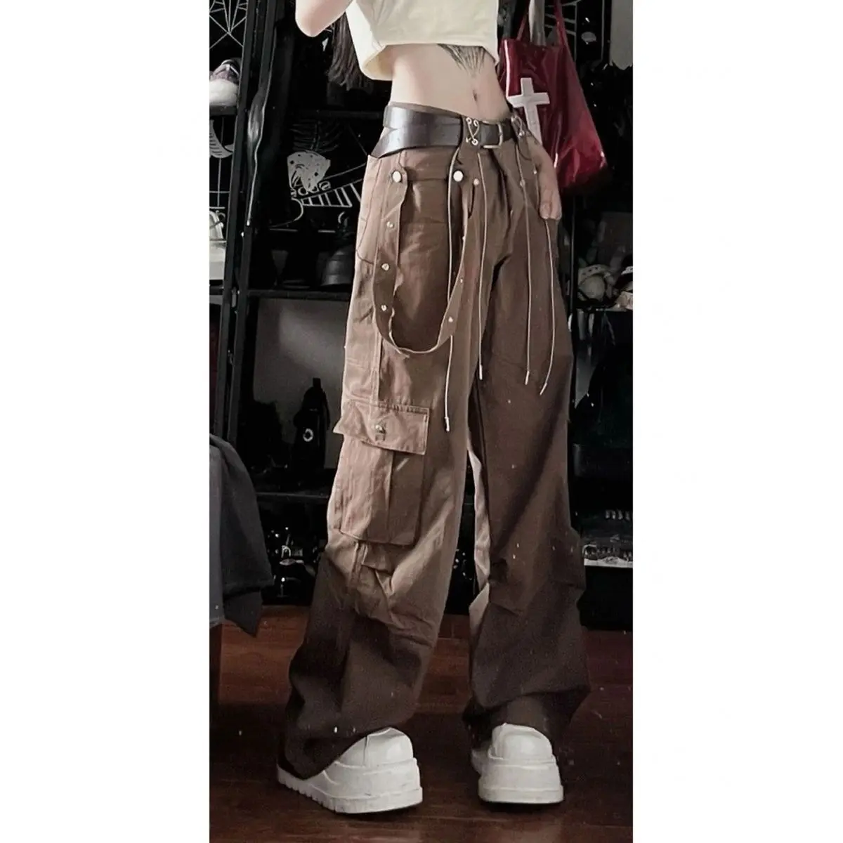 Y2K Vintage Brown Cargo Pants Gothic Low Waist Pockets Parachute Trousers Female 90s Retro Aesthetic Harajuku Streetwear 2022