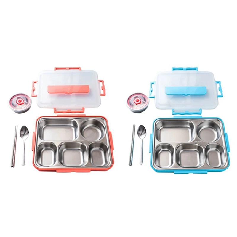 

5 Compartments Lunch Box Stainless Steel Leak-Proof Large Bento Boxes Soup Container School Dinnerware