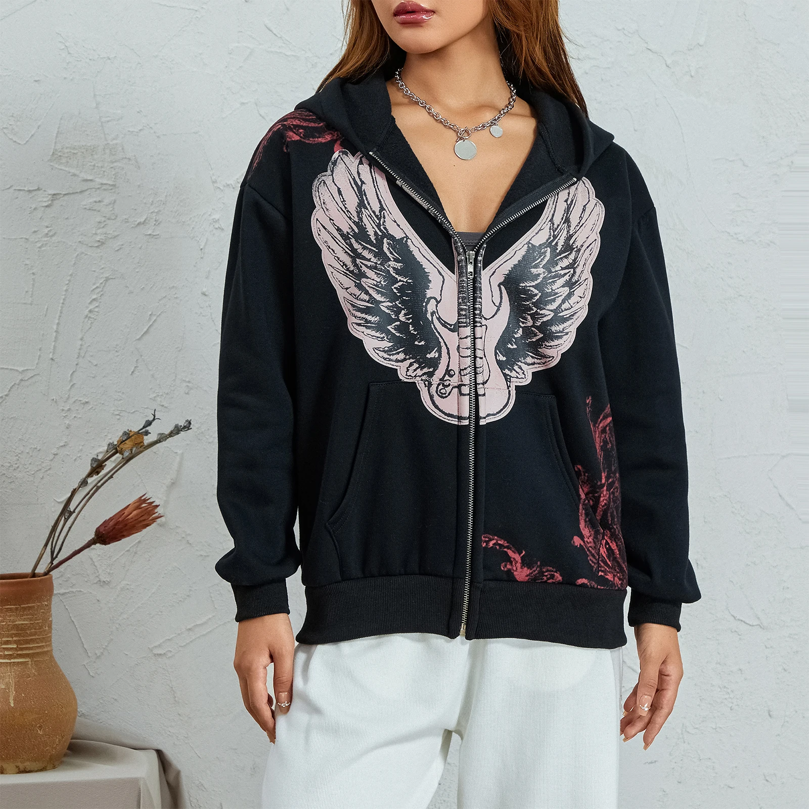 

Fashion Women Punk Hoodies Goth Wings Print Zipped Hooded Sweatshirts Grunge Long Sleeve Loose Coat for Spring Autumn