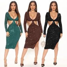 

Sexy Deep V Neck Hollow Out Evening Dresses Sequins Backless Long Sleeve Autumn Slit Clubbing Robes Vestidos De Noche