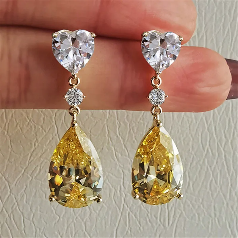 Elegant Yellow Pear Cubic Zirconia Sterling Silver Drop Earrings