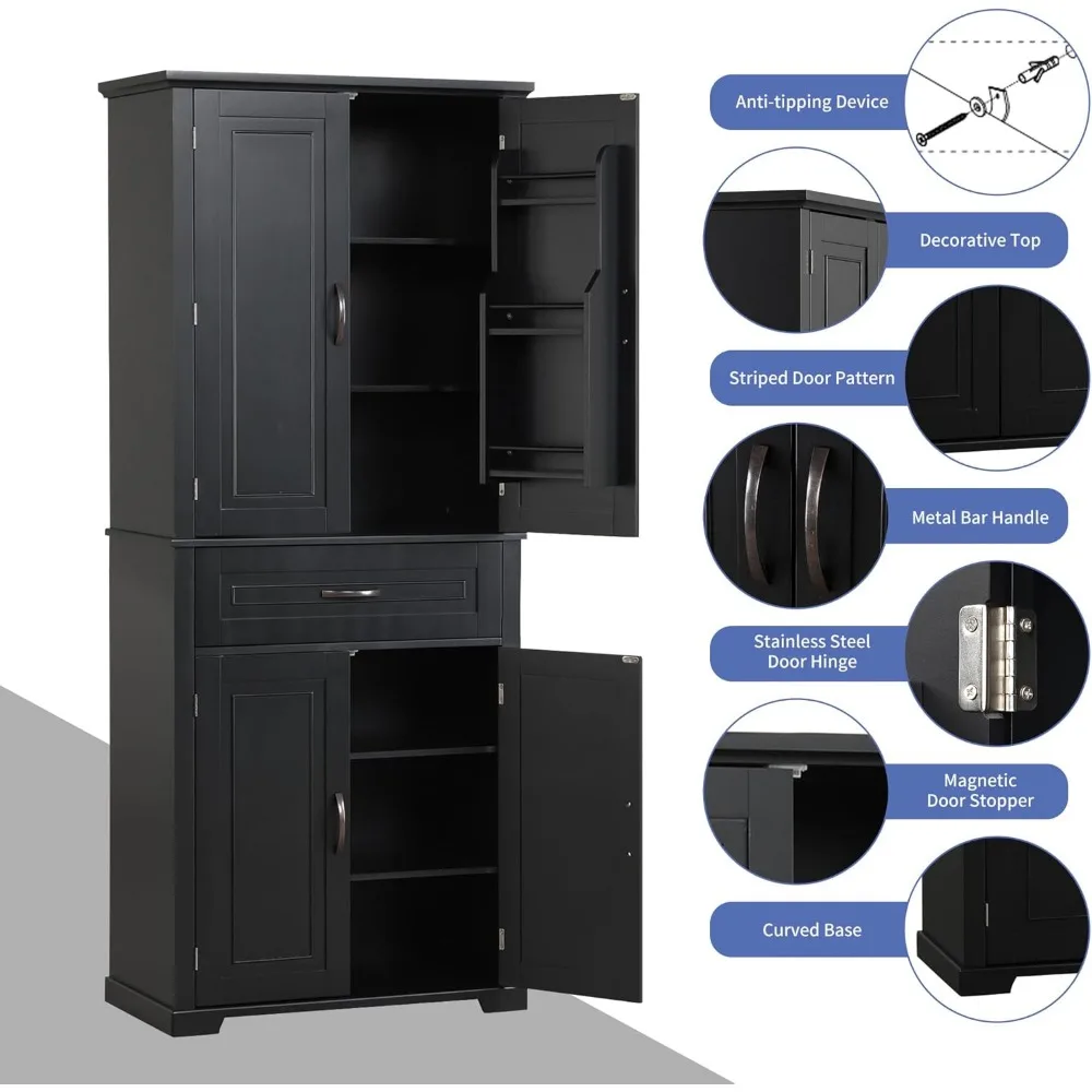 Storage Cabinet with Doors and Drawer, Pantry Cupboard with Rack Organizers Wide Display Shelf for Bathroom or Kitchen, Black