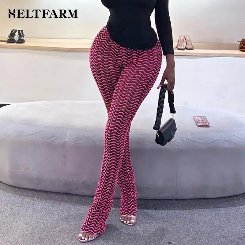 

2023 Fashion Street Wear Extra Long High Waist Flare Pants Sweatpants New Wavy Streak Knitted Pants Women Bottoms