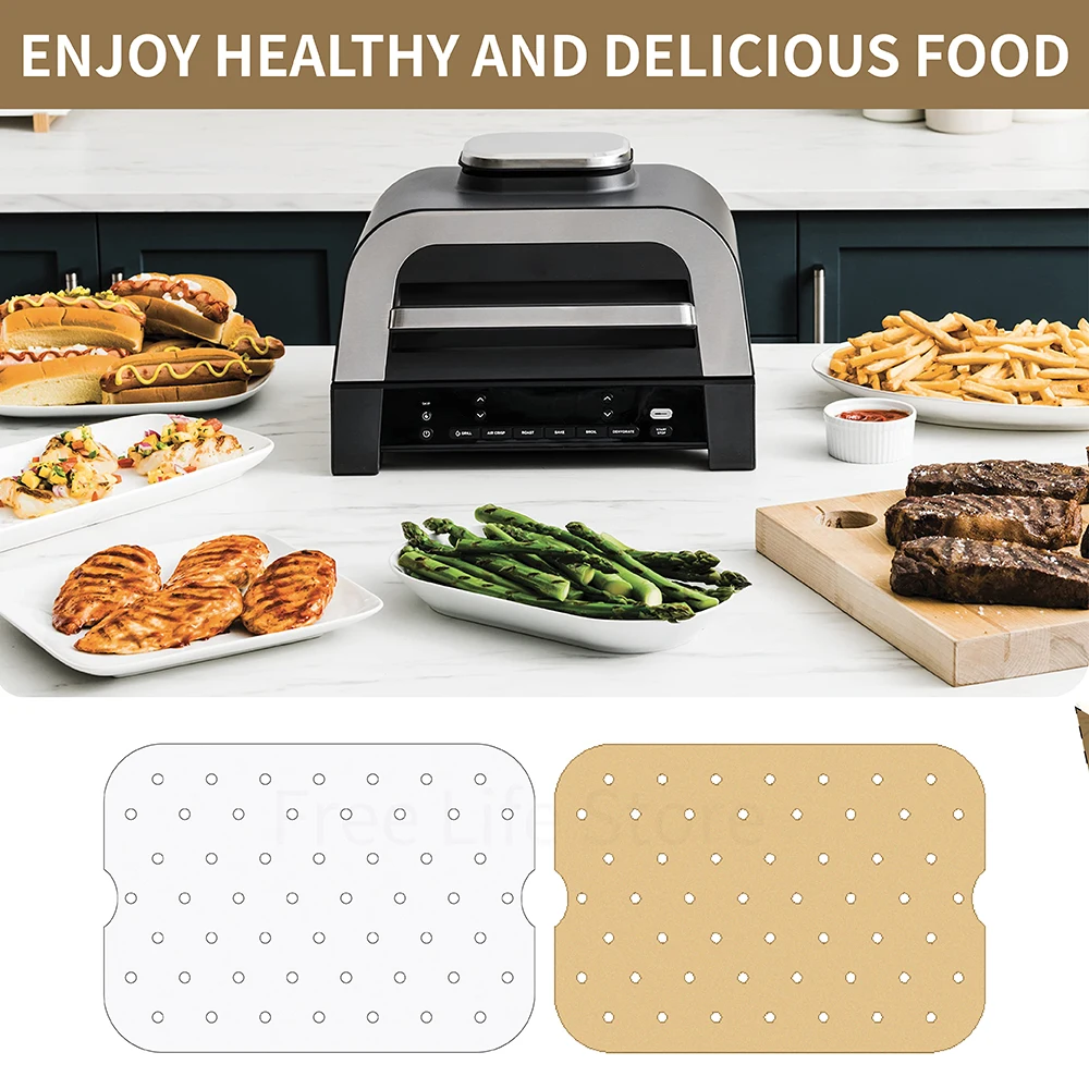 Air Fryer Paper Disposable Air Fryer Liners Air Fryer Accessories Air Fryer Liners Parchment Baking Paper 50Pcs Air Fryer Disposable Paper Non-Stick Parchment Paper Liners for Ninja Foodi XL Smart FG551 6-in-1 Indoor Grill Accessories