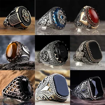 Handmade Ring For Men Vintage Double Swords Black Zircon