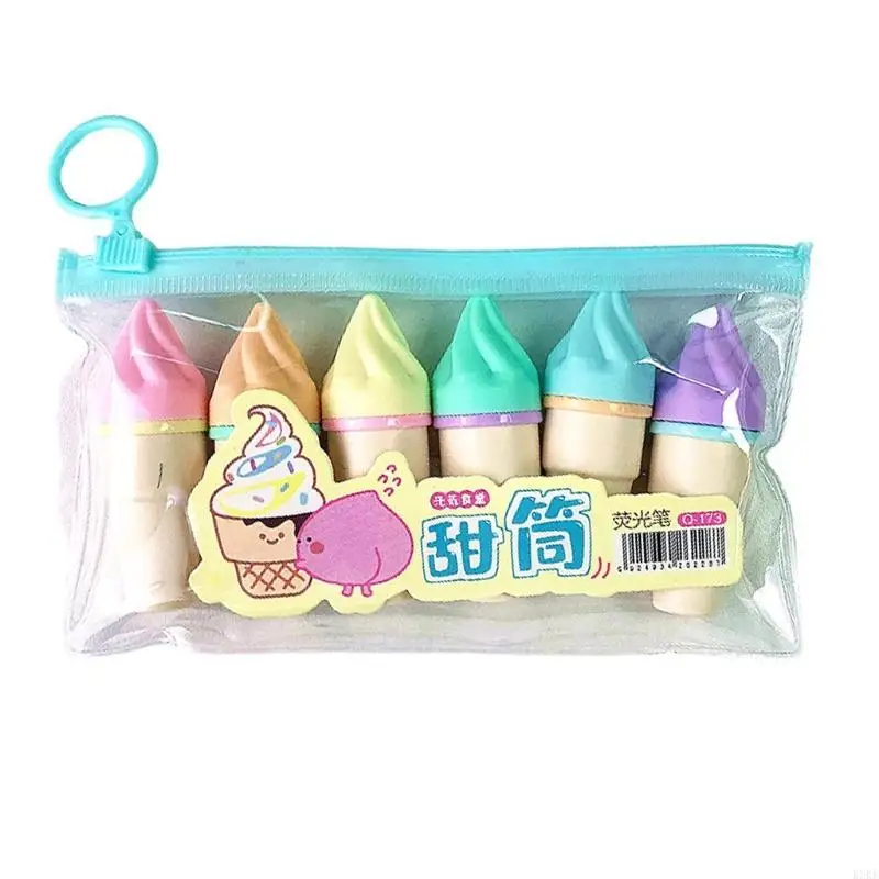 K3KE 6pcs Mini Highlighter Pen Cartoon Ice Cream Fluorescent Marker Pens School Office Stationery Supply