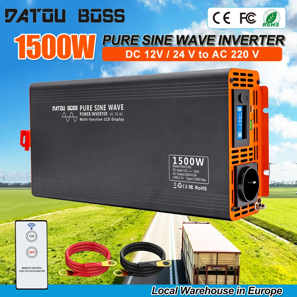 Onduleur à onde sinusoïdale pure DATOUBOSS 1500W 12V / 24V DC vers AC 220V, convertisseur de puissance solaire pour camion avec port USB-C, prise AC EU, écran LCD et télécommande