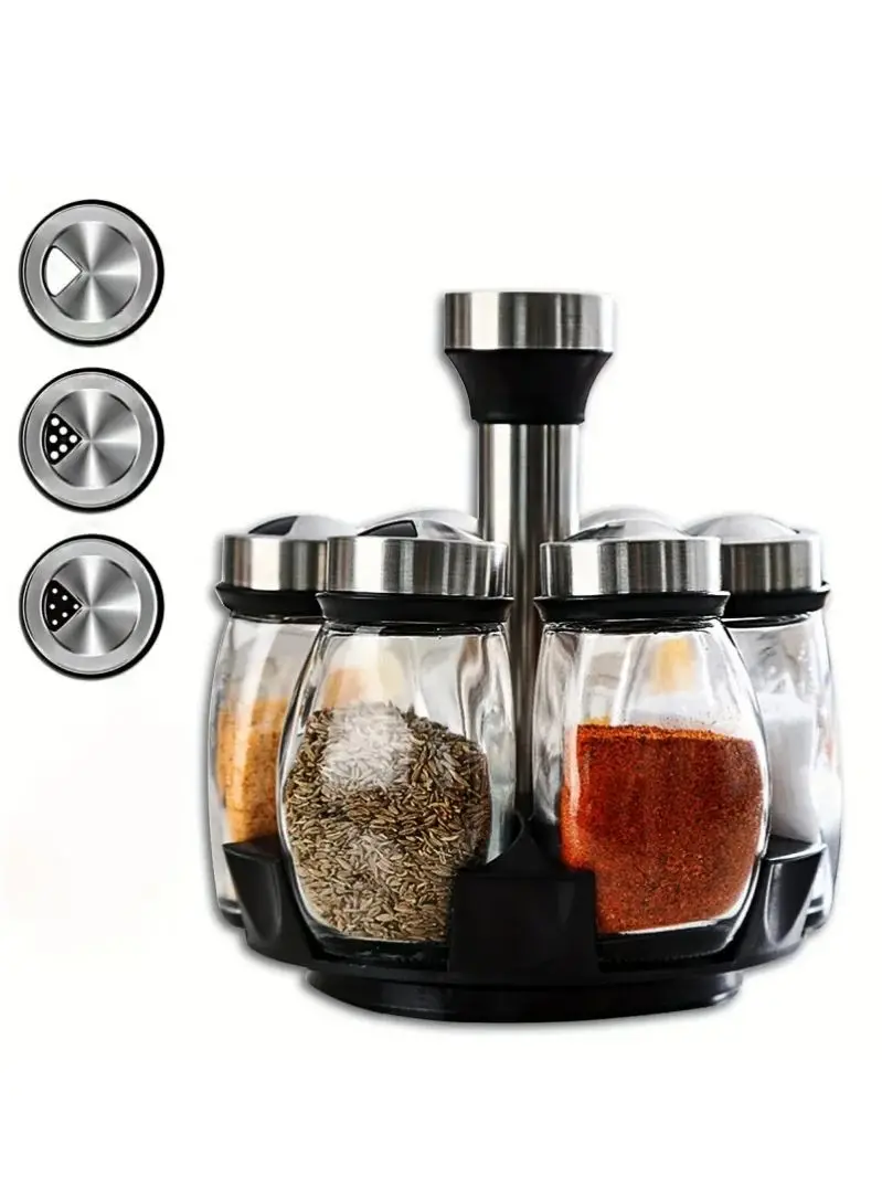 Zes keukenkruidenflessen, gemaakt van glas, met draaibaar ontwerp. Hoogwaardige glazen specerijen, geschikt voor gebruik in keukens