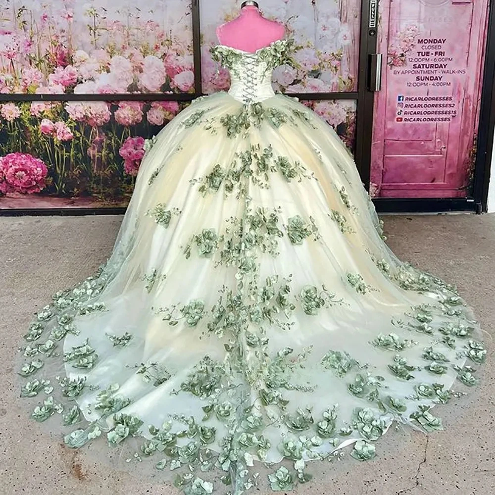 

Sage Green Princess Quinceanera Dresses Ball Gown Off The Shoulder Floral Pearls Sweet 16 Dresses 15 Años Custom