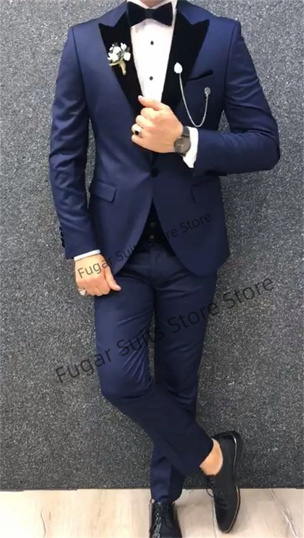Custom Business Navy Blue Blazer Wedding Suits For Men Black Peak Lapel Slim Fit  Groom Tuxedos 3 Pieces Sets  Custume Homme