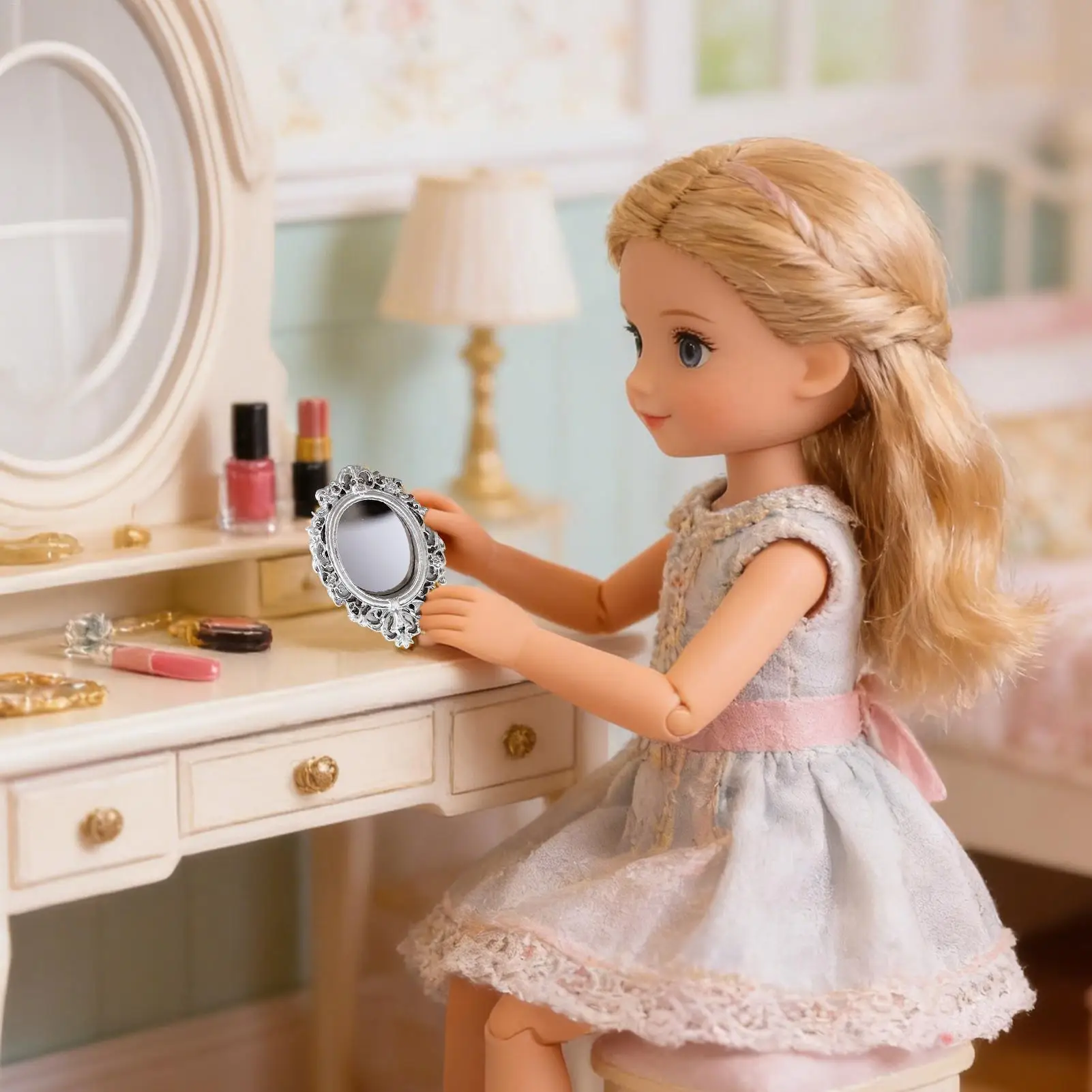 DIY 라운드 인형 집 장식품 미니어처 레트로 거울 1:12 스케일 인형 액세서리 Gloden Frames 소박한 수지 미적 방 장식