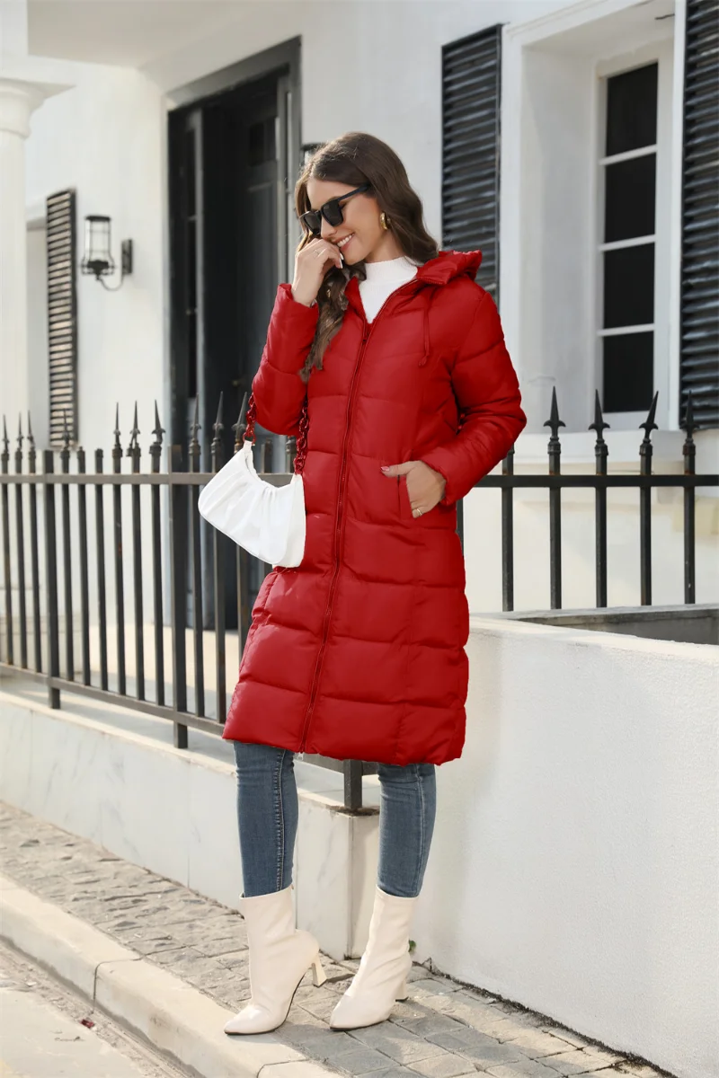 Winter Hooded Women Cotton Jacket Medium Long Slim Cotton Jacket Warm Down Cotton Jacket Long Sleeve Hairless Collar Coat