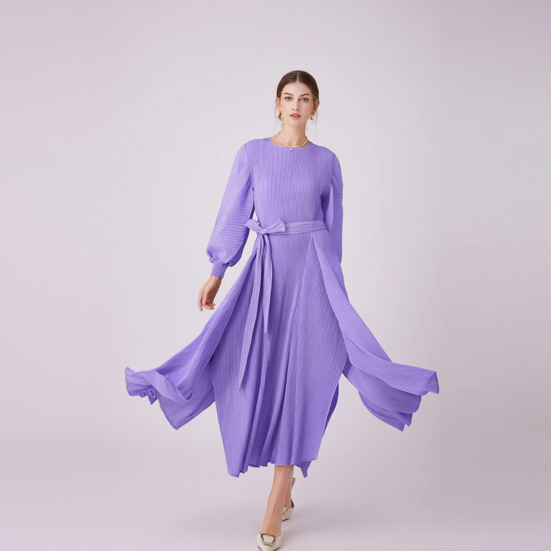 

Fashion Runway Summer Autumn Purple Miyake Pleated Long Dress Elegant Women O Neck Lantern Sleeve Lace Up Split Loose Maxi Dress