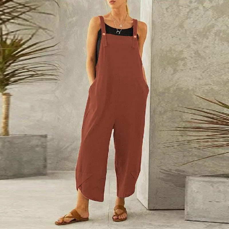 Women's Cotton Suspender Overalls Solid Color Casual Loose Nine-point Jumpsuit Oversized Rompers Ladies Dungarees Streetwear