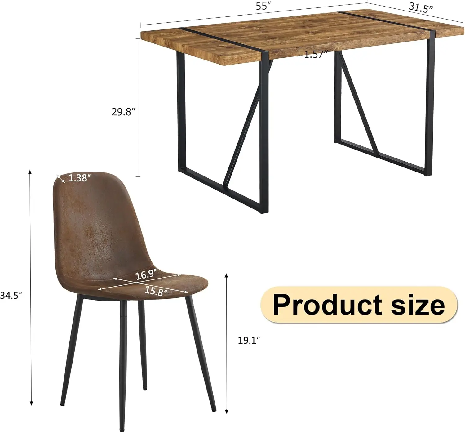 Description Picture 5 of itemPiece Dining Room Table Set for 4 People, Mid Century Modern 55 Inch Rectangle Wood Kitchen Dining Table with 4 Fabric Chairs