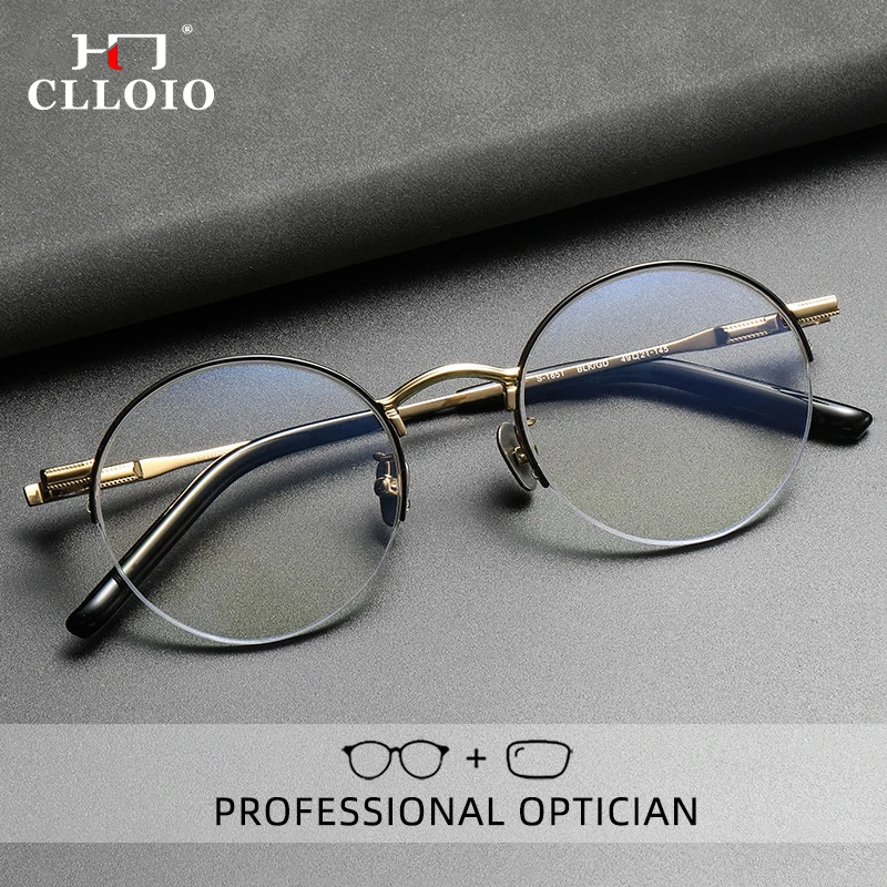 CLLOIO Retro Round Half-Frame Pure Titanium Reading Glasses Men Anti Blue Light Myopia Glasses Hyperopia Prescription Eyeglasses