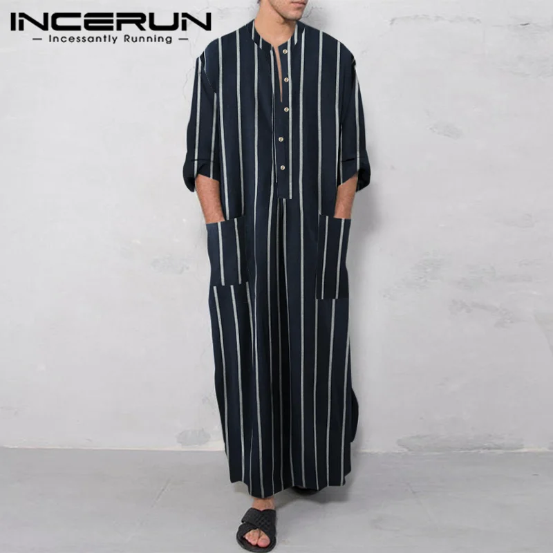 

Men Striped Muslim Jubba Thobe O-neck Long Sleeve Vintage Men Kaftan Islamic Arabic Robes Loose Pockets 2023 Male Caftan INCERUN