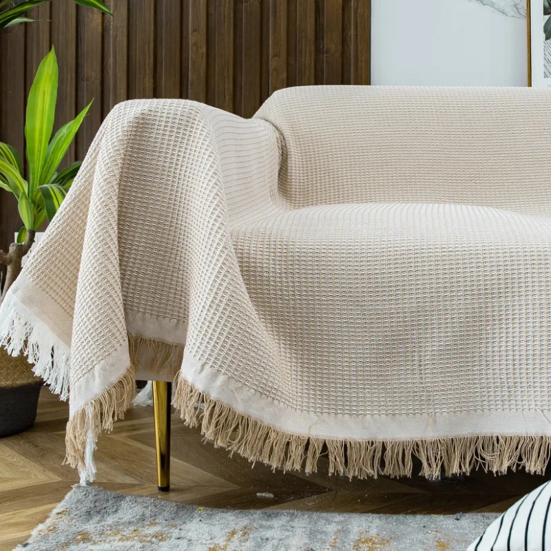 Woven Cotton Sofa Cover Blanket Solid Color Nonslip Sofa Towel for Living Room Furniture Decor