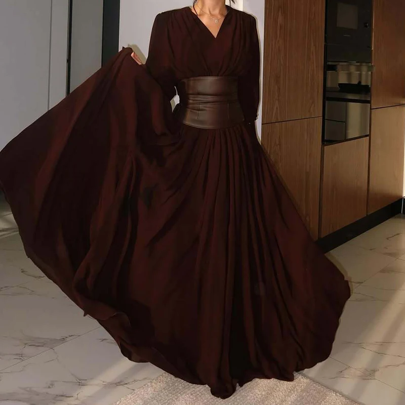 Women Casual Girdling Autumn Retro Maxi Dress Vintage High Split Pleats Holiday Fashion Long Sleeve Big Hem Party women maxi dress
