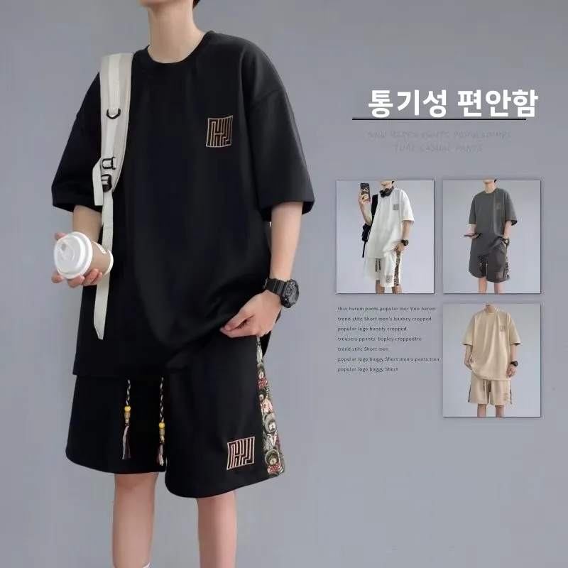 커플 캐주얼 스포츠웨어 레트로 아메리칸 스타일 여름 컬렉션 남성 반팔 반바지 투피스 세트 코튼 편안함