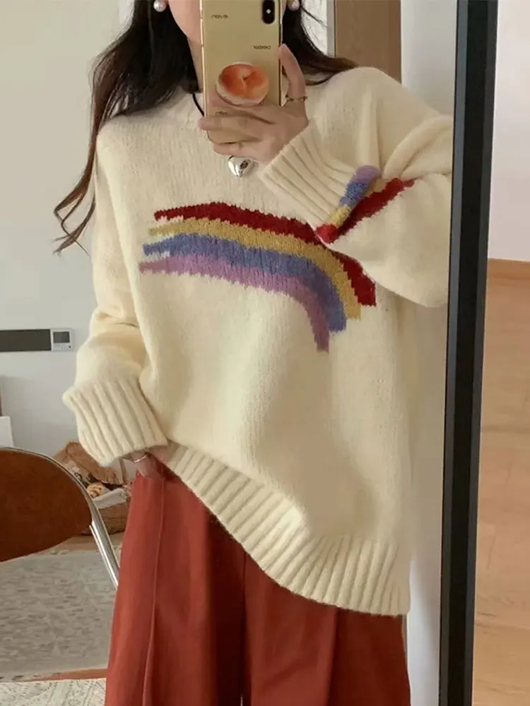 

Fashion Women's Round Neck Sweater Loose Korean Long Sleeved Color Blocking Casual Pullover Autumn Winter Female Christmas Top