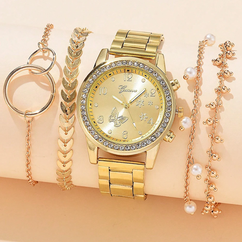 5PCS Womens Quartz Watch Set Fashion Silver Round 3 Eyes Alloy Strap Wristwatch Gift Rhinestone Watch for Women Jewelry Set