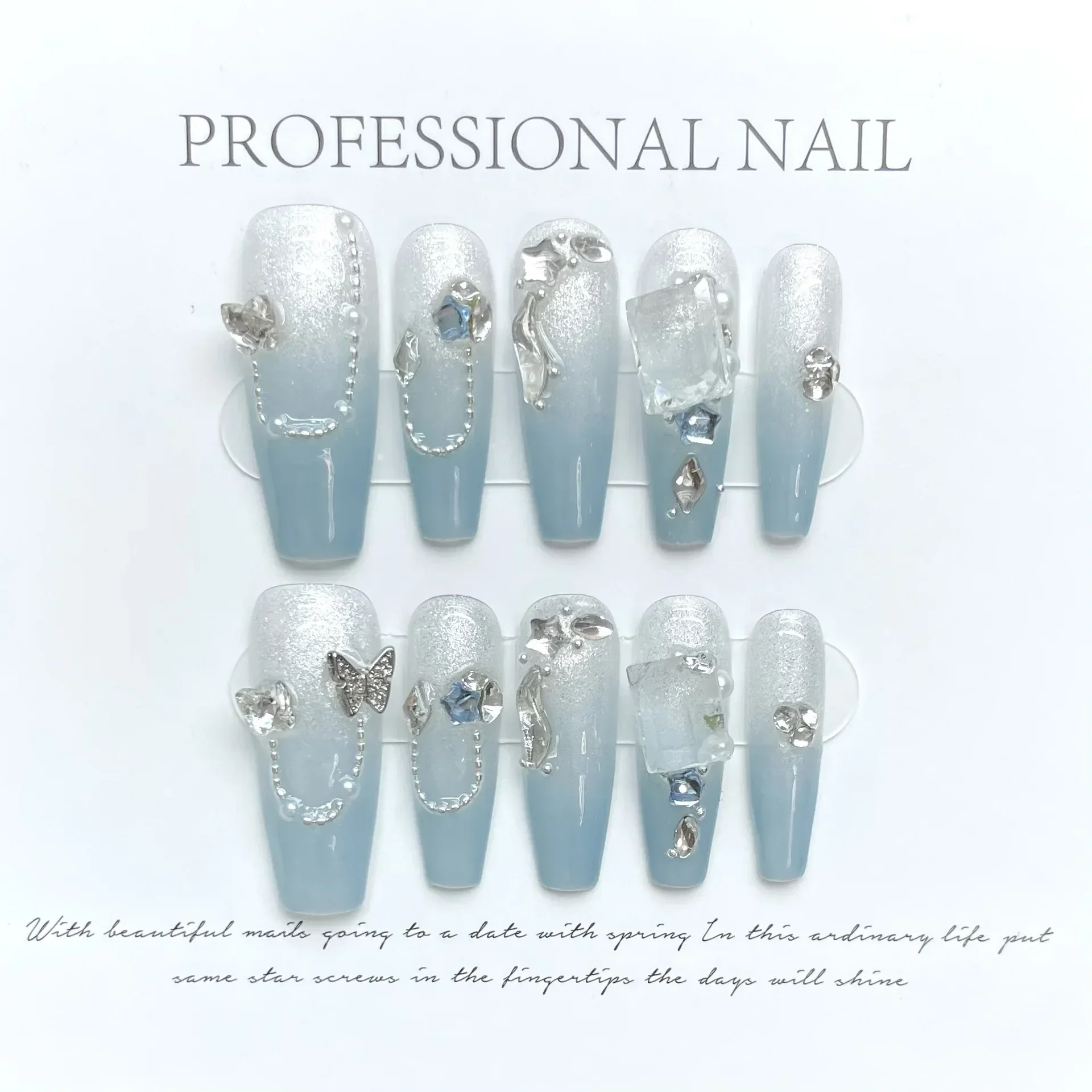 

10Pcs Handmade Blue Press on Nails Gradient Ballet Wearable Rhinestones False Nails Decoration Nail Art Manicure Fake Nail Tips