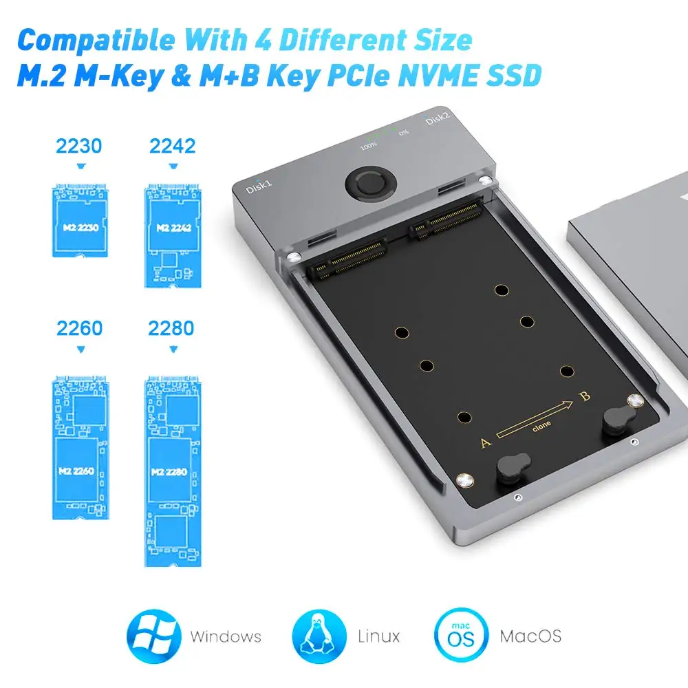 NVMe M.2 Duplicator Dual-Bay Offline Clone Tool-Free, 10Gbps NVMe Docking  Station with Cooling Fan ,NVMe M.2 SSD Enclosure for NVMe PCIe Size