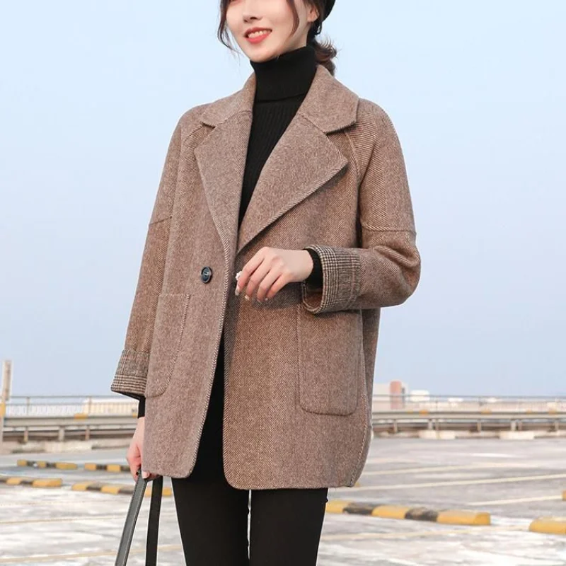 

Cardigan Coat Female 2023 Autumn New Fashion Herringbone Pattern Suit Women Slim Short Long Sleeve Cloak Fabric Female Coat
