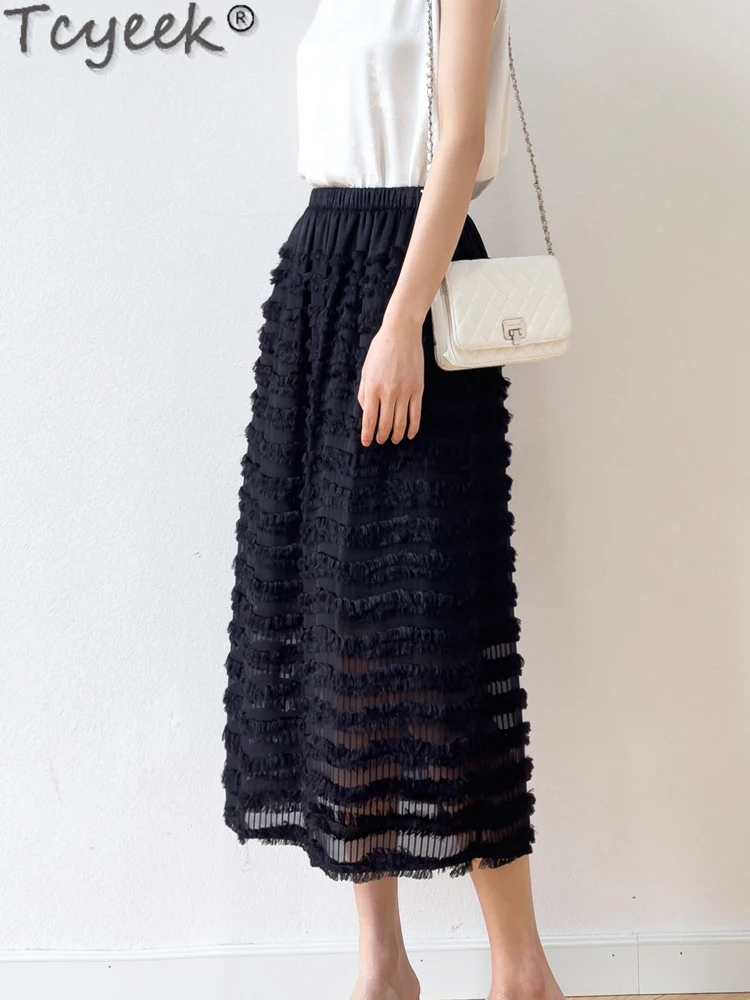 

Tcyeek 100% Mulberry Real Silk Skirts Women's Skirt Spring Summer Clothes 24 Elegant Skirts for Women Black Skrit Saia Feminina