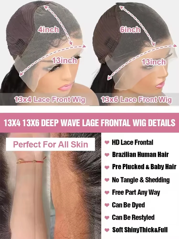 300% Density 40 46 Inch Deep Wave 13x6 HD Lace Front Human Hair Wigs 13x4 Frontal Wigs Water Curly Wigs For Women Raw Brazilian 6