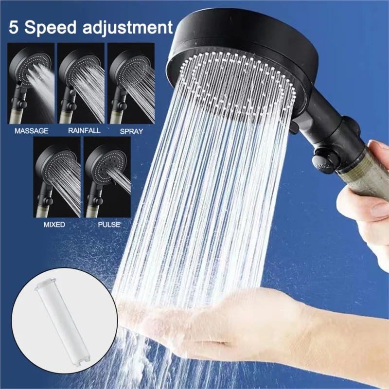 

5-In-1 Adjustable Water Volume Filter High Pressure Shower Head, One-Key Water Stop, Handheld Water-Saving Shower Head, Bathroom