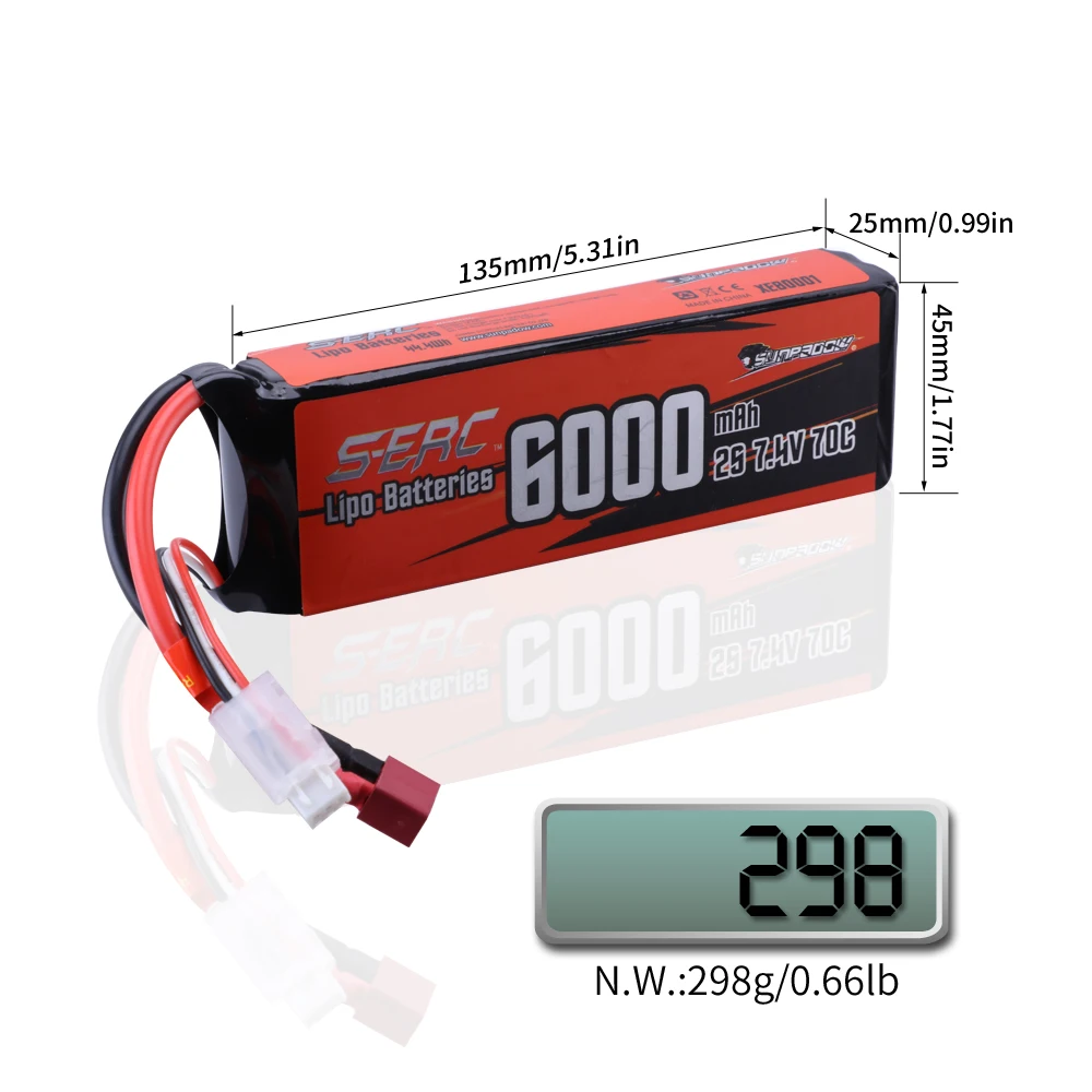 2S Lipo Battery 7.4V 6000mAh 70C Soft Pack with Deans T Plug for RC Car Boat Airplane Truck Tank Vehicle Truggy Buggy