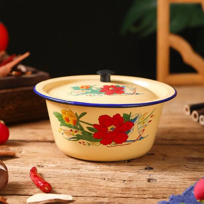 Retro Enamel Mixing Bowl with Lid – Vintage Enamelware for Soup, Rice, Vegetables & Storage 3
