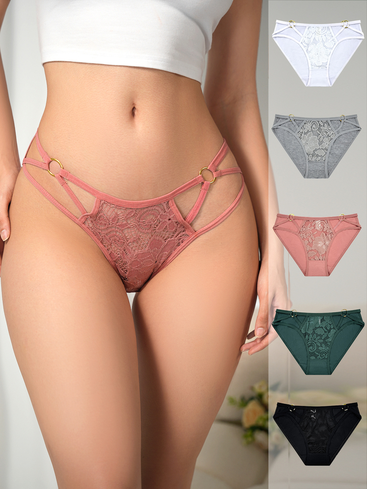 A set of 5 pairs of mixed-color, hollowed-out copper ring, young strap and lace patchwork sexy and light luxury women's briefs