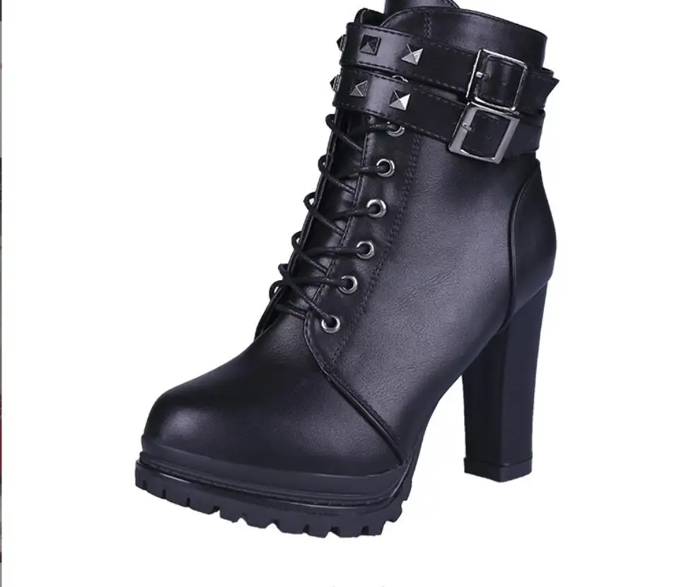 Winter Autumn Women Motorcycle Ankle Boots Chunky heel Female Lace Up Platforms Black Leather Oxford Shoes Woman Red Boots