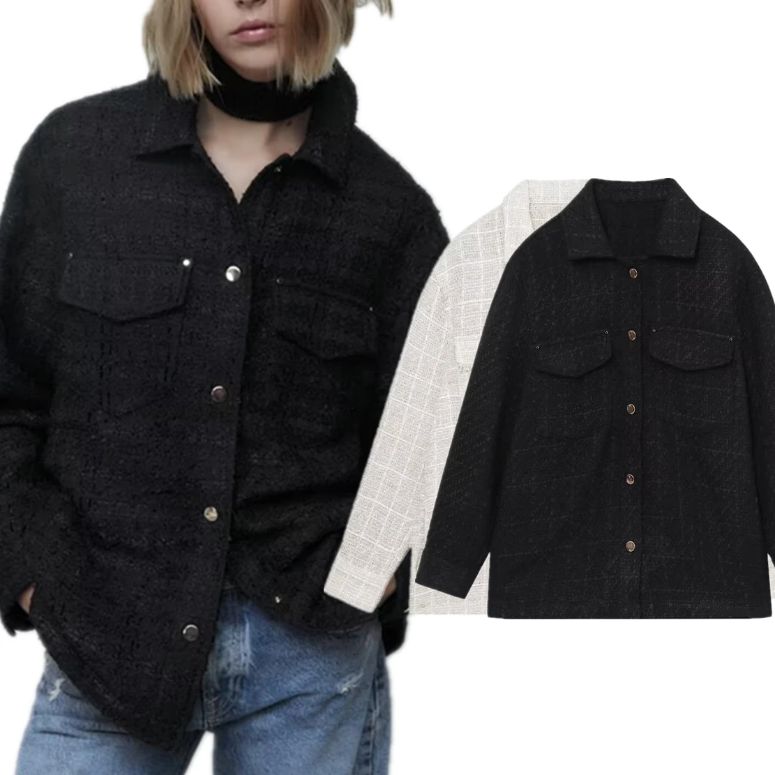 

Dave&Di Autumn And Winter New Women's Texture Shirt Boyfriend Casual Vintage Tweed Blouse Women Tops