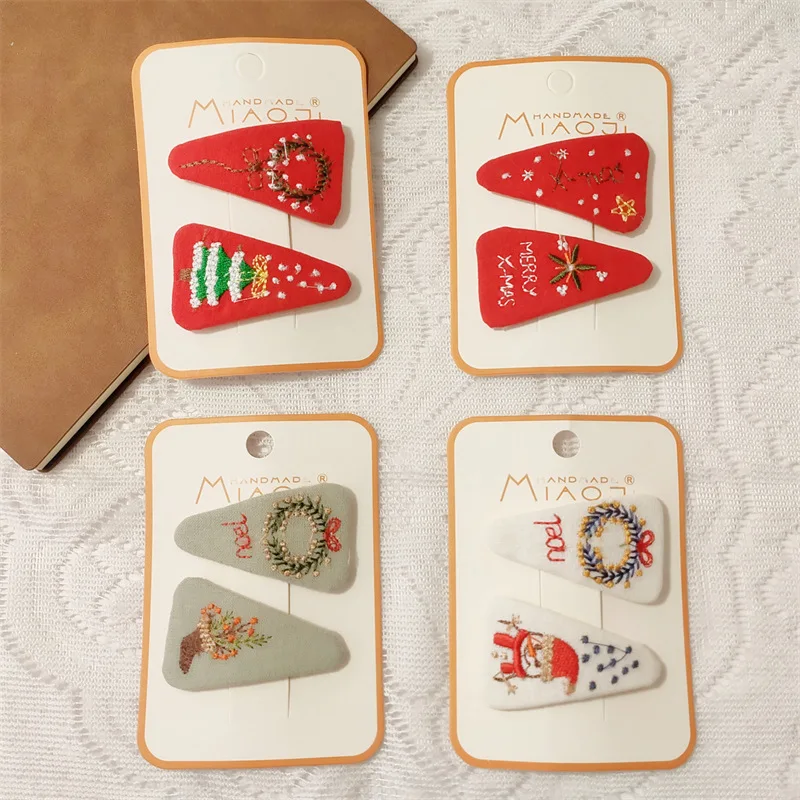 

Christmas Women Girls Hairpin Embroidery Hair Clips Baby Cotton Pins Triangle Barrettes For Children Party Accessories 2Pcs/Set