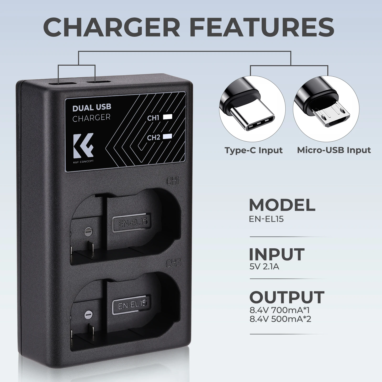 K&F Concept EN-EL15/EN-EL15A/EN-EL15B Battery Charger Dual Slot