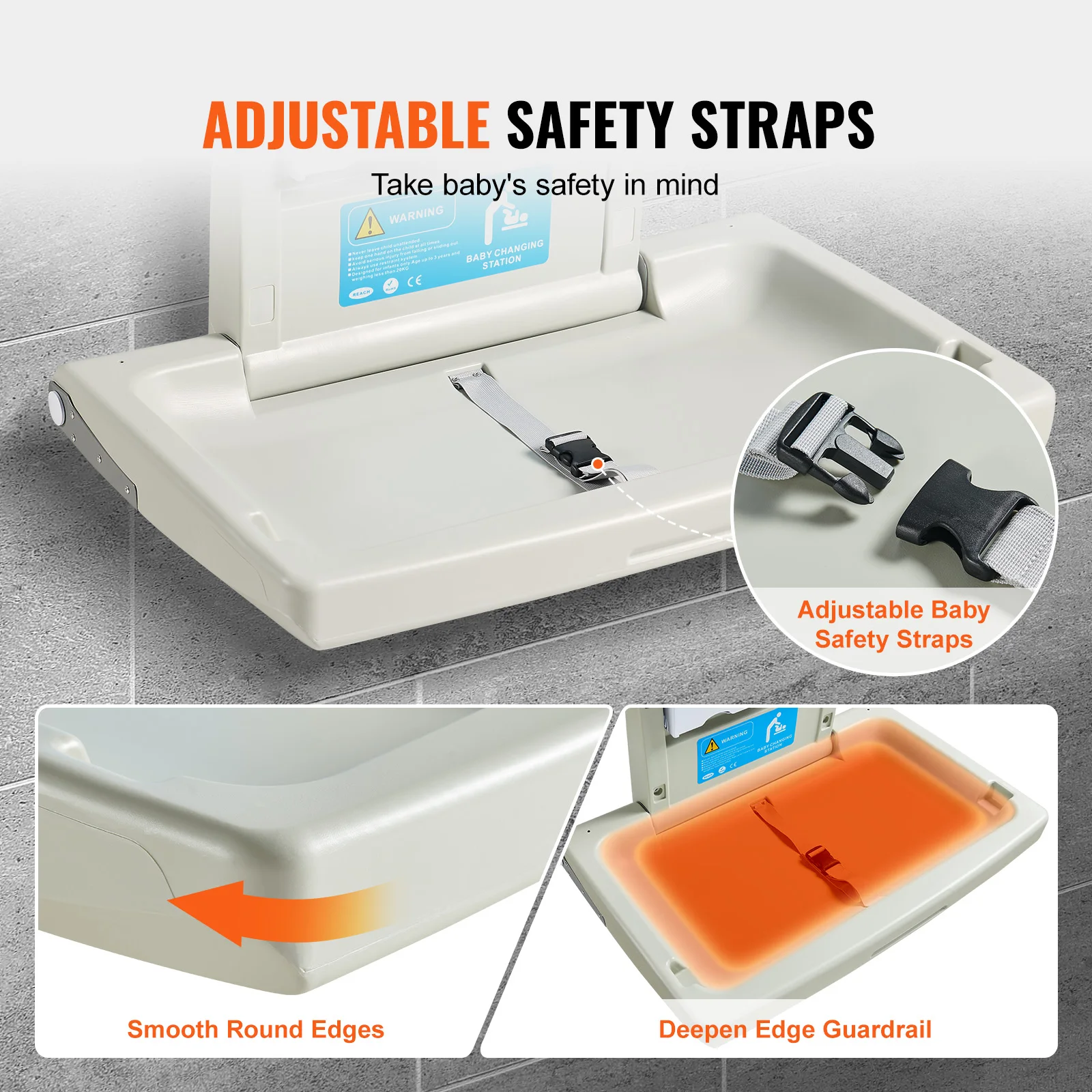 VEVOR Wall-Mounted Baby Changing Station Horizontal Foldable Diaper Change Table w/ Safety Straps and Hanging Rods for Newborns 4