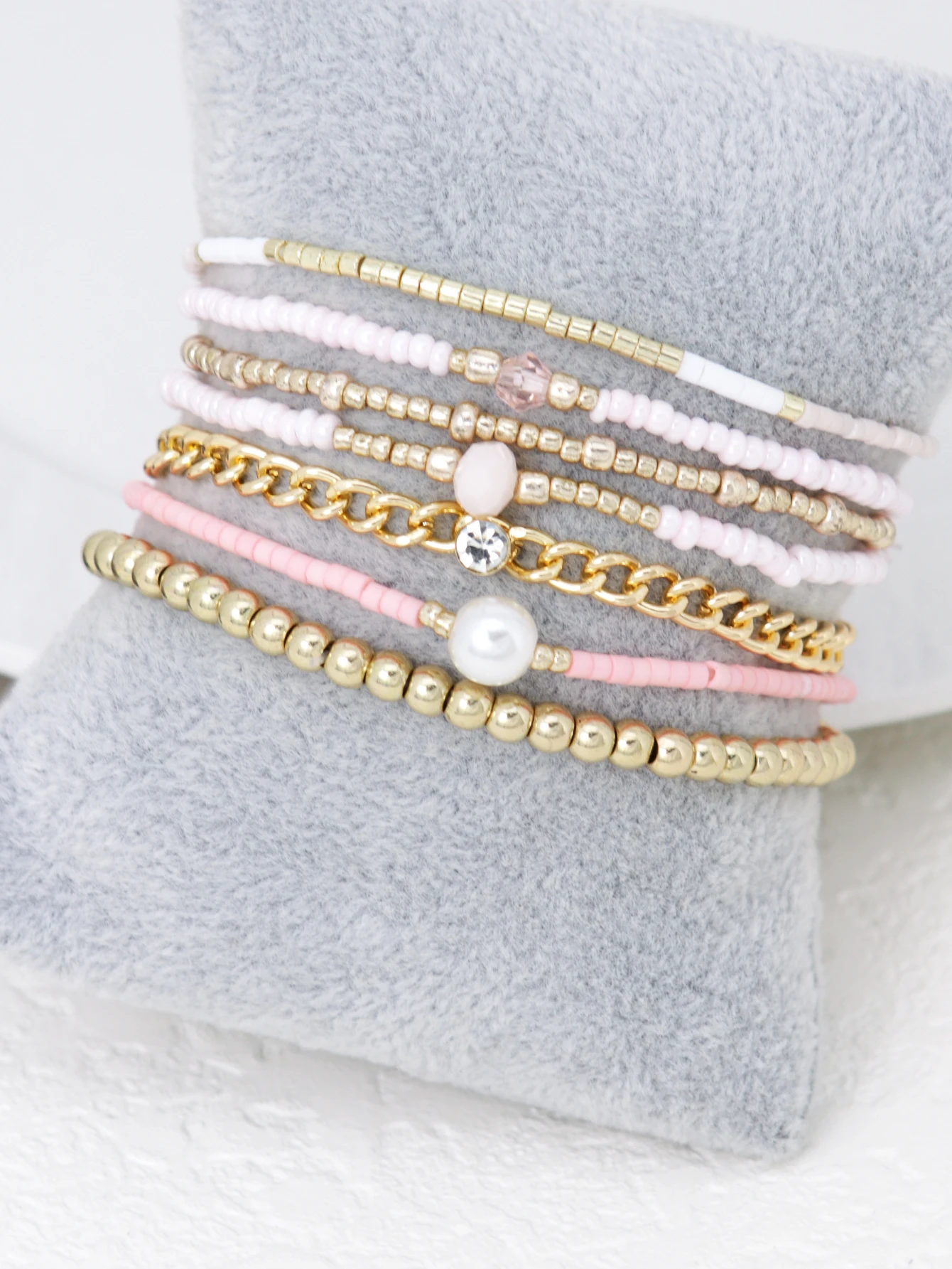 7PCS Pink Bead Chain Bracelet Set for Women