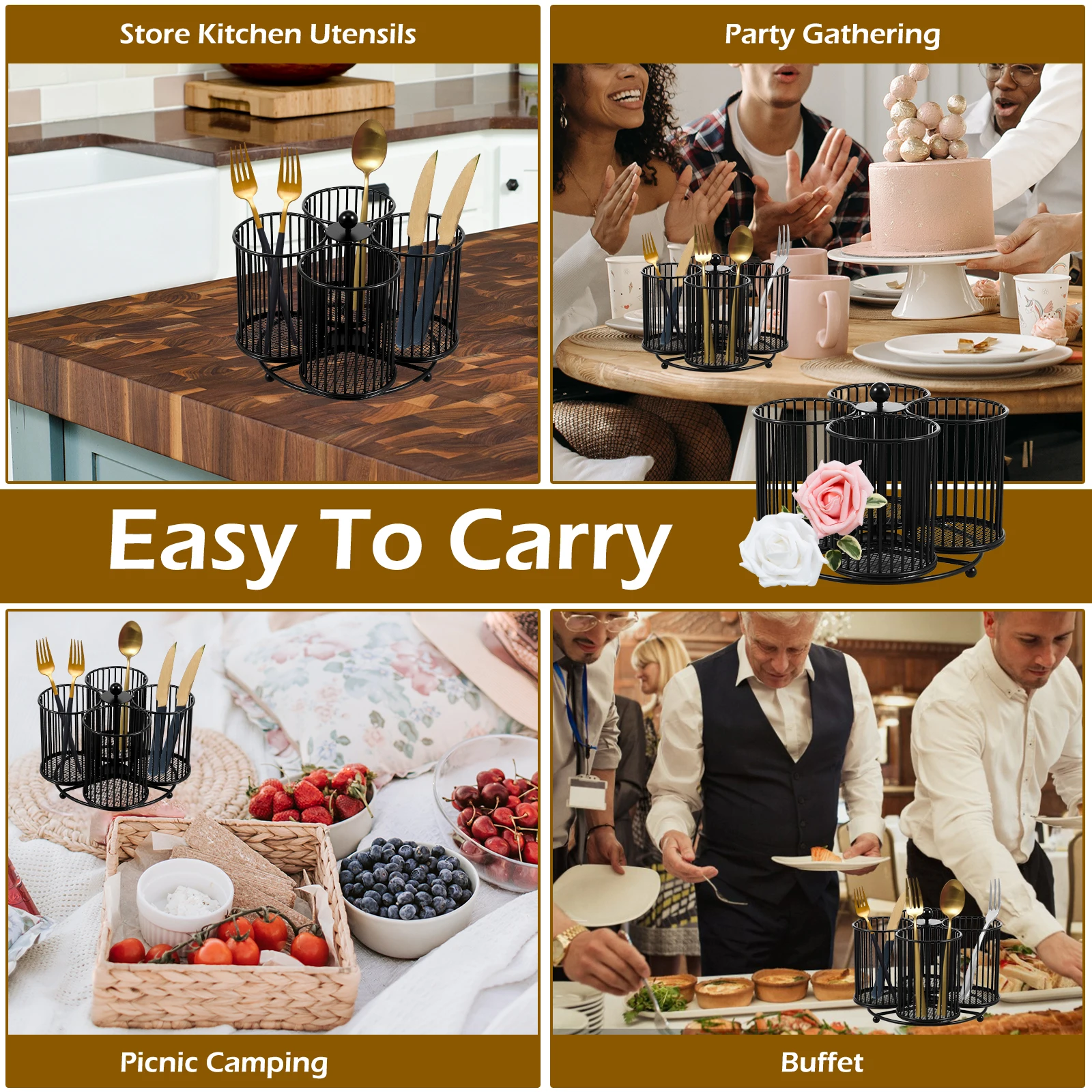 Metal Utensil Caddy 360 Degree Rotating Cutlery Holder 3/4/5 Compartment Flatware Storage Basket Kitchen Camping Countertop